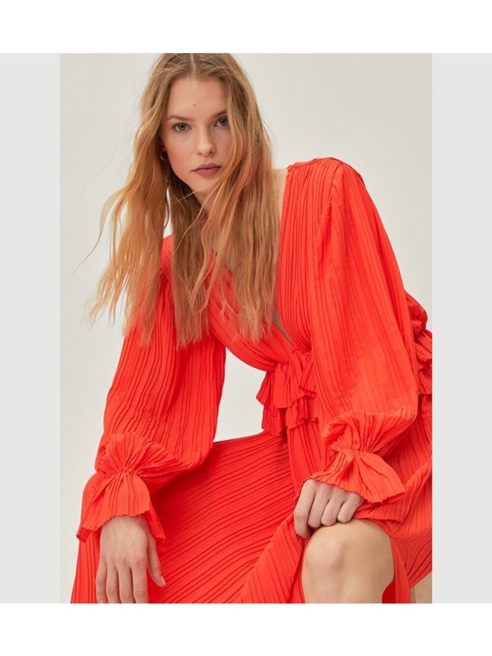 Nasty Gal Red-Orange Ruffle Plunging Pleated Midi Maxi Dress Size 4 Wedding - Picture 2 of 11